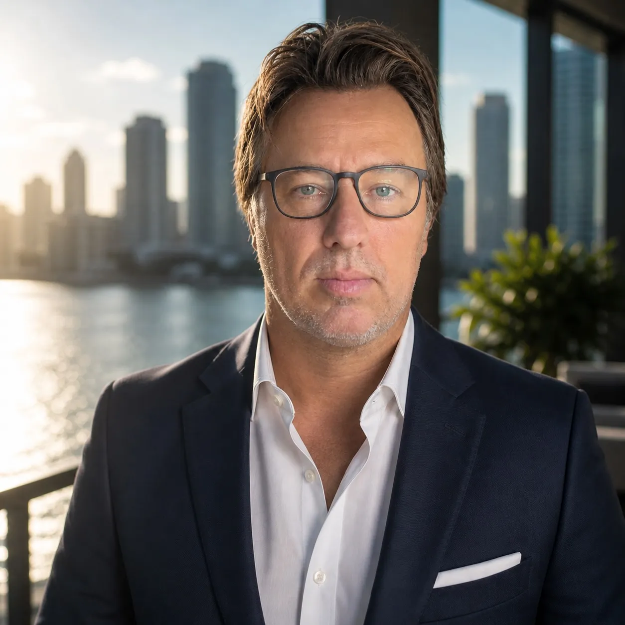 Laszlo Varga, Miami broker, óceánnal és skyline-nal a háttérben